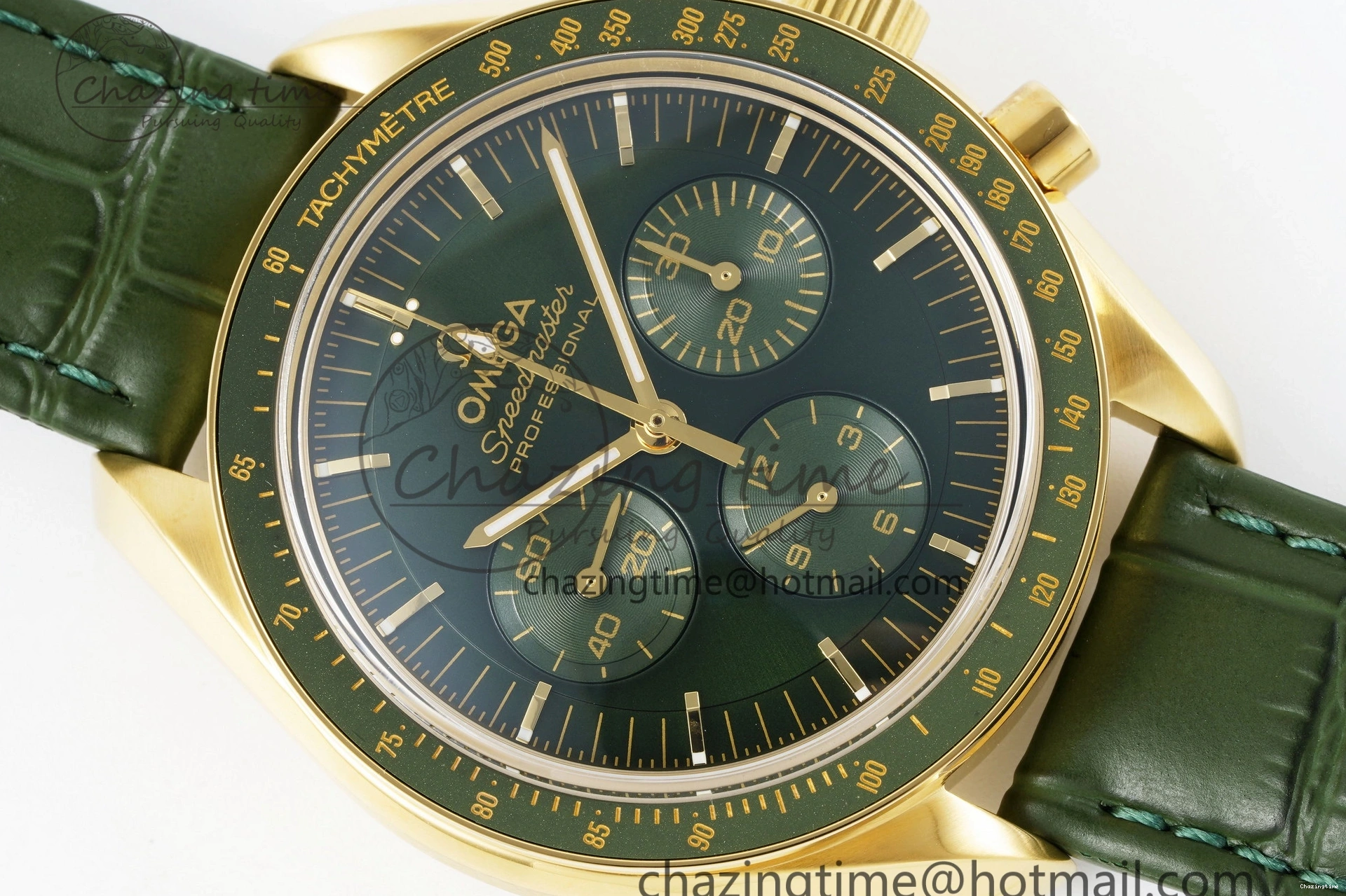 0404 Speedmaster Moonwatch in Moonshine Gold YG RMF Best Edition Green Dial on Green Leather Strap Manual Chrono EasyCare 7832